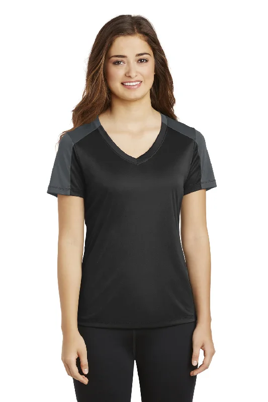 Sport-Tek Womens Competitor Moisture Wicking Short Sleeve V-Neck T-Shirt - Black/Iron Grey - Closeout Cashmere Blend Cotton Blend Poly Blend Sport-Tek Womens Competitor Moisture Wicking Short Sleeve V-Neck T-Shirt - Black/Iron Grey - Closeout Cashmere Blend Cotton Blend Poly Blend