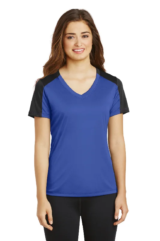 Sport-Tek Womens Competitor Moisture Wicking Short Sleeve V-Neck T-Shirt - True Royal Blue/Black - Closeout Ribbed Striped Patterned Sport-Tek Womens Competitor Moisture Wicking Short Sleeve V-Neck T-Shirt - True Royal Blue/Black - Closeout Ribbed Striped Patterned