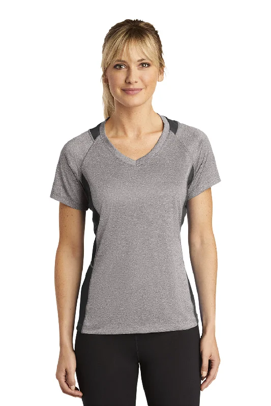 Sport-Tek Womens Contender Heather Moisture Wicking Short Sleeve V-Neck T-Shirt - Heather Vintage Grey/Black Mesh Fabric Canvas Fabric Denim Fabric Sport-Tek Womens Contender Heather Moisture Wicking Short Sleeve V-Neck T-Shirt - Heather Vintage Grey/Black Mesh Fabric Canvas Fabric Denim Fabric
