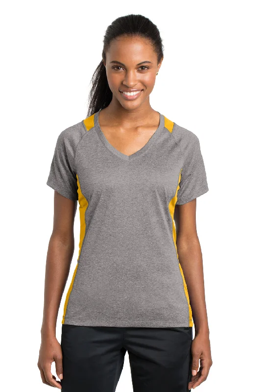 Sport-Tek Womens Contender Heather Moisture Wicking Short Sleeve V-Neck T-Shirt - Heather Vintage Grey/Gold - Closeout Faux Fur Fabric Real Fur Fabric Shearling Fabric