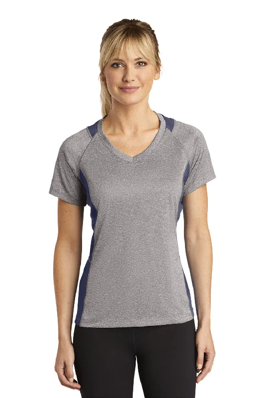 Sport-Tek Womens Contender Heather Moisture Wicking Short Sleeve V-Neck T-Shirt - Heather Vintage Grey/True Navy Blue Knit Fabric Woven Fabric Fleece Fabric Sport-Tek Womens Contender Heather Moisture Wicking Short Sleeve V-Neck T-Shirt - Heather Vintage Grey/True Navy Blue Knit Fabric Woven Fabric Fleece Fabric
