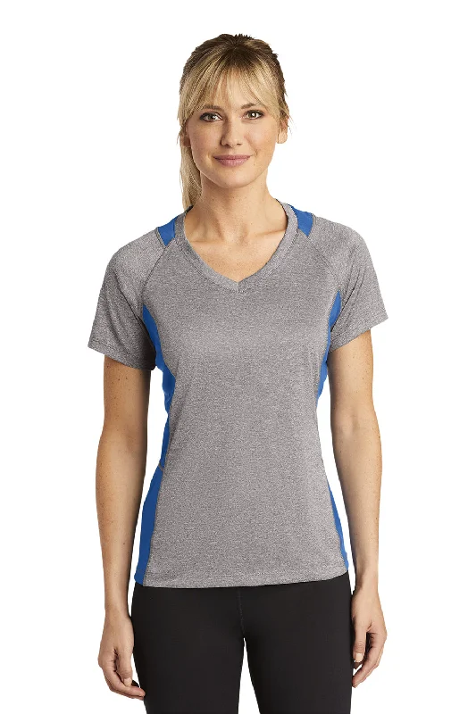 Sport-Tek Womens Contender Heather Moisture Wicking Short Sleeve V-Neck T-Shirt - Heather Vintage Grey/True Royal Blue Fleece Fabric Down Fabric Feather Fabric Sport-Tek Womens Contender Heather Moisture Wicking Short Sleeve V-Neck T-Shirt - Heather Vintage Grey/True Royal Blue Fleece Fabric Down Fabric Feather Fabric