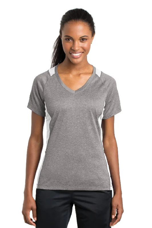 Sport-Tek Womens Contender Heather Moisture Wicking Short Sleeve V-Neck T-Shirt - Heather Vintage Grey/White - Closeout Polka Dot Checkered Tartan Sport-Tek Womens Contender Heather Moisture Wicking Short Sleeve V-Neck T-Shirt - Heather Vintage Grey/White - Closeout Polka Dot Checkered Tartan