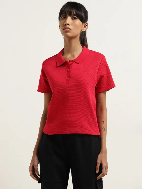 Studiofit Red Ribbed Textured Cotton T-Shirt Elegant Classic Vintage