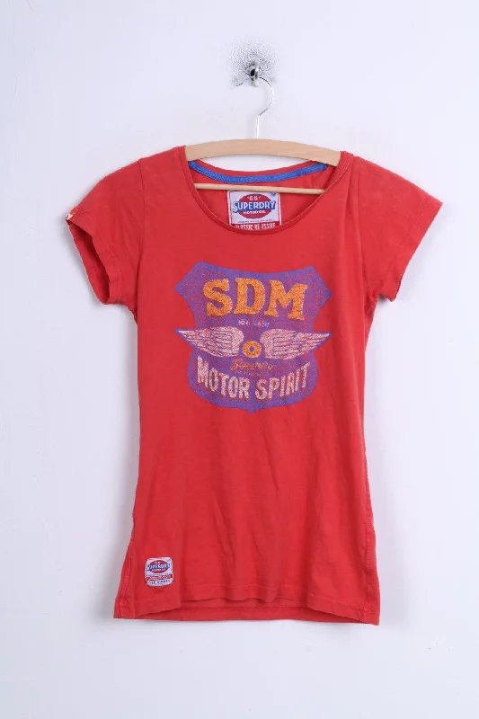 SUPERDRY Womens S T-Shirt Crew Neck Red Crew neck Knit Fabric Woven Fabric Fleece Fabric