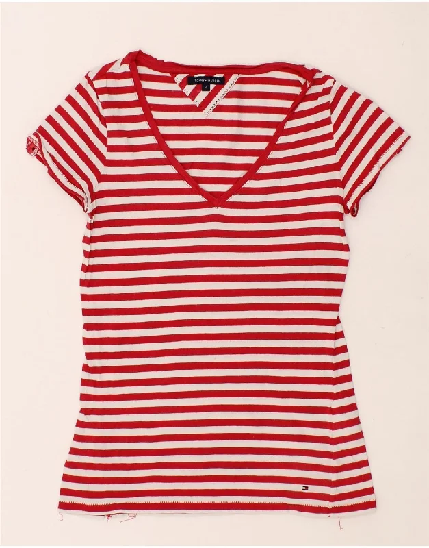 TOMMY HILFIGER Womens T-Shirt Top UK 12 Medium Red Striped Cotton Satin Blend Silk Blend Wool Blend TOMMY HILFIGER Womens T-Shirt Top UK 12 Medium Red Striped Cotton Satin Blend Silk Blend Wool Blend