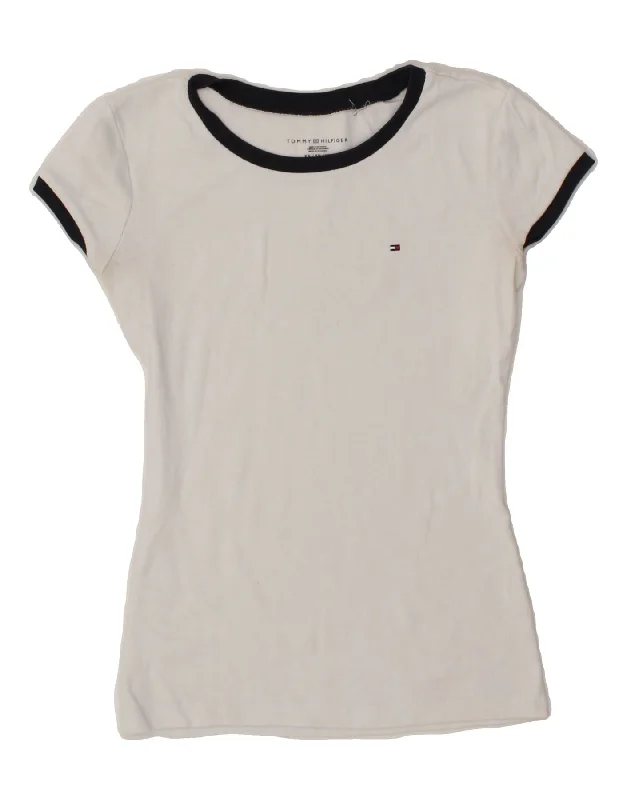TOMMY HILFIGER Womens T-Shirt Top UK 6 XS White Cotton Spandex Blend Rayon Blend Denim Blend TOMMY HILFIGER Womens T-Shirt Top UK 6 XS White Cotton Spandex Blend Rayon Blend Denim Blend