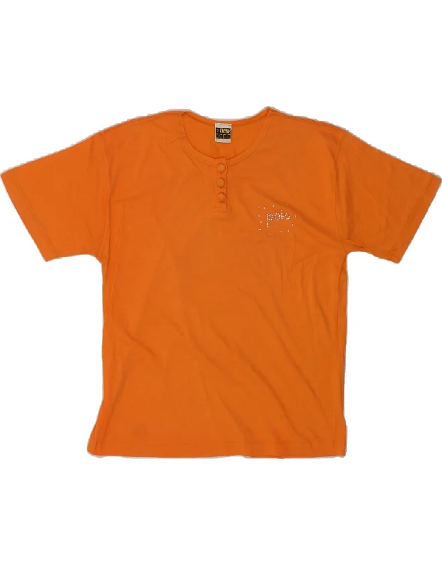 VINTAGE Womens T-Shirt Top UK 14 Medium Orange Cotton Zippered Buttoned Snapped