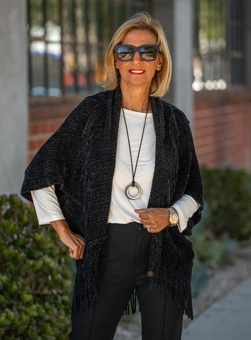 Black Lightweight Chenille Cardigan with Fringe Neon metallic Matte