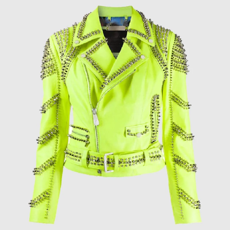 Brando Green Spiked Leather Lapel Fastener Women Studded Jacket Faux Fur Fabric Real Fur Fabric Shearling Fabric Brando Green Spiked Leather Lapel Fastener Women Studded Jacket Faux Fur Fabric Real Fur Fabric Shearling Fabric
