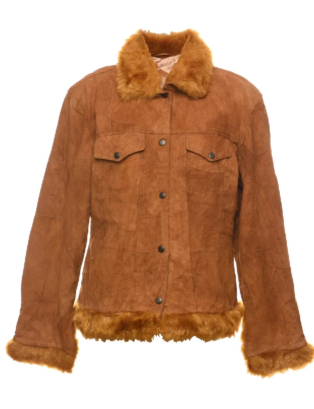 Brown Suede Trim Jacket - L Front Pockets Side Pockets Patch Pockets