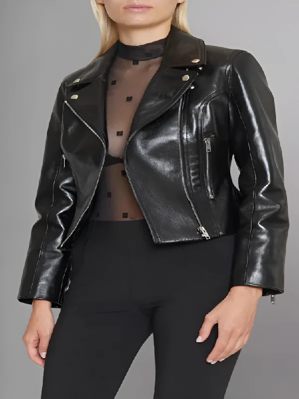 Women's Cinched Leather Motorcycle Jacket Welt Pockets Slit Pockets Flap Pockets