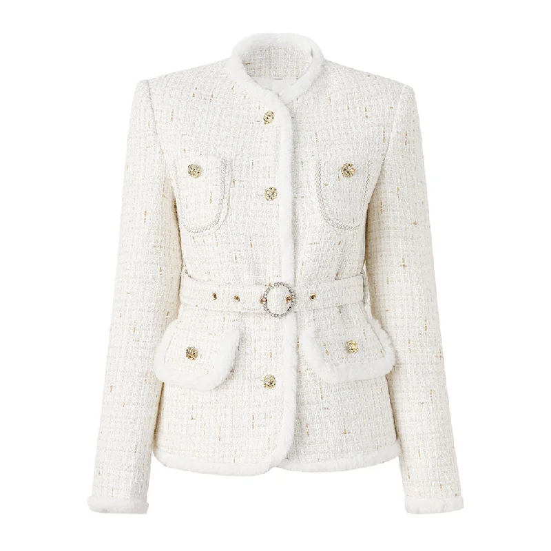 Classy Faux Fur Trim Mock Neck Button Up Lurex Stitch Belted Tweed Jacket Knit Fabric Woven Fabric Fleece Fabric Classy Faux Fur Trim Mock Neck Button Up Lurex Stitch Belted Tweed Jacket Knit Fabric Woven Fabric Fleece Fabric