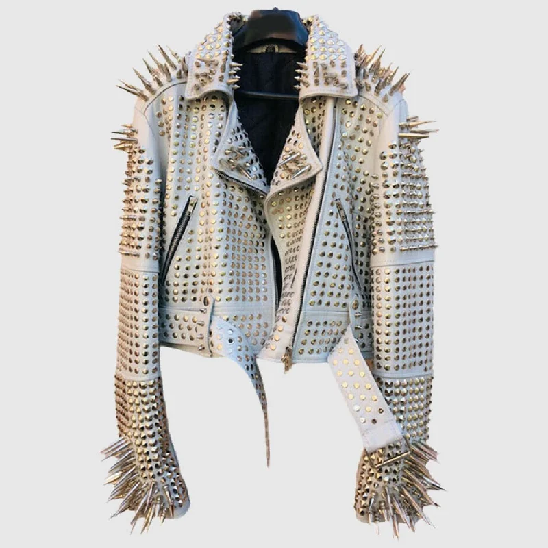 Comfortable White Color Brando Metal Spiked Leather Round Studs Jacket Wool Fabric Cashmere Fabric Tweed Fabric Comfortable White Color Brando Metal Spiked Leather Round Studs Jacket Wool Fabric Cashmere Fabric Tweed Fabric