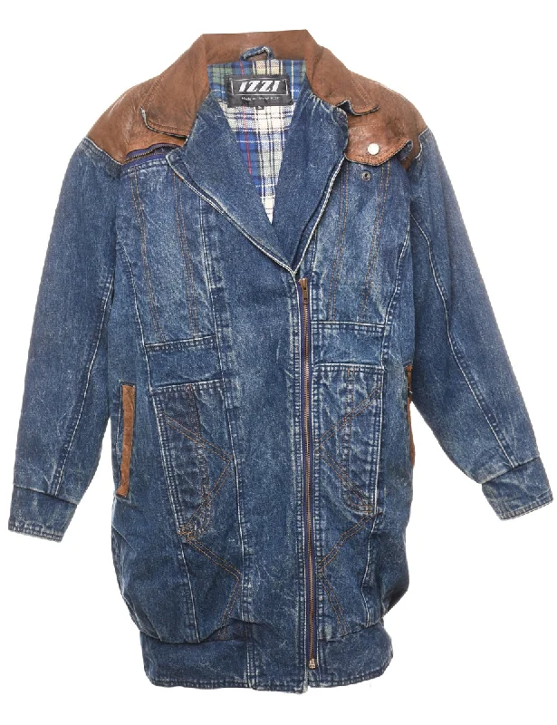 Dark Wash & Brown Contrast Denim Jacket - S Nylon Fabric Polyester Fabric Spandex Fabric Dark Wash & Brown Contrast Denim Jacket - S Nylon Fabric Polyester Fabric Spandex Fabric