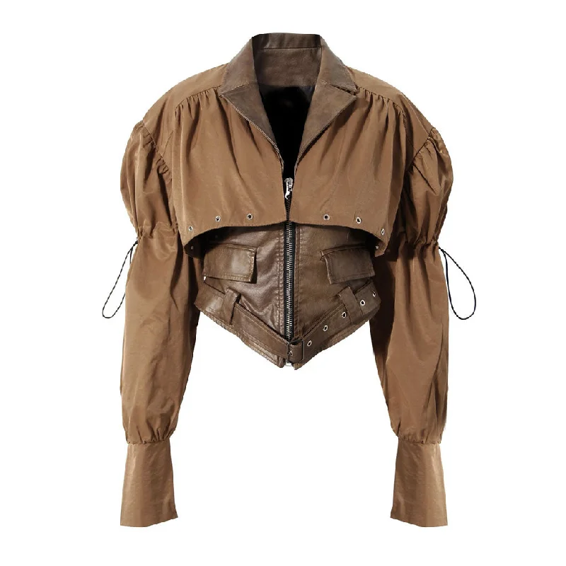 Detachable Puff Sleeve Folded Collar Belted Vegan Leather Cropped Jacket Tiered Jacket Buttoned Jacket Zippered Jacket