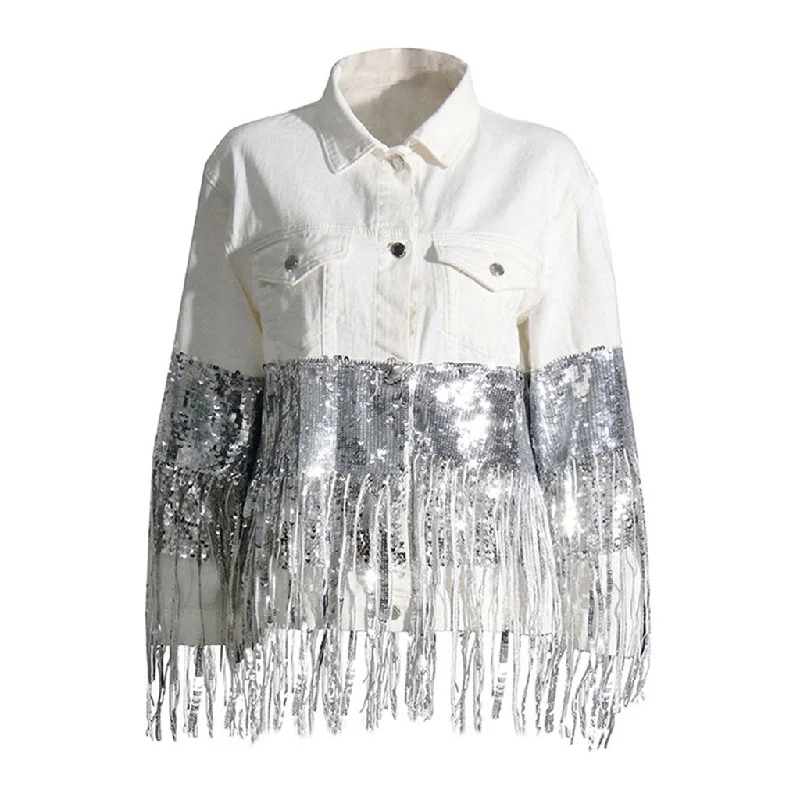 Flamboyant Collared Button Front Long Sleeve Sequin Fringe Denim Jacket Zippered Jacket Buttoned Jacket Snapped Jacket Flamboyant Collared Button Front Long Sleeve Sequin Fringe Denim Jacket Zippered Jacket Buttoned Jacket Snapped Jacket