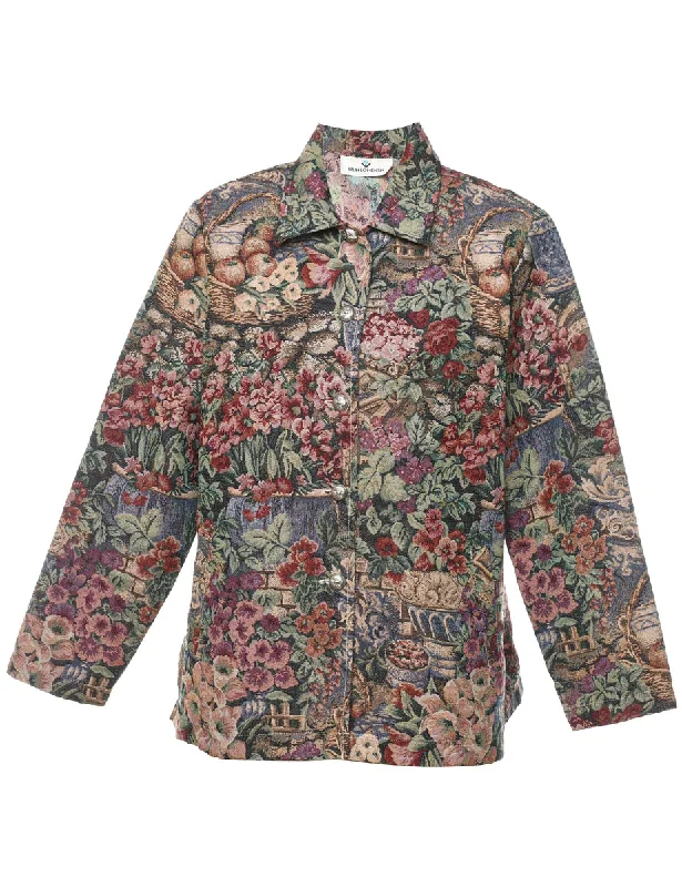 Floral Pattern Multi-Colour Sparkly Tapestry Jacket - M Front Pockets Side Pockets Patch Pockets Floral Pattern Multi-Colour Sparkly Tapestry Jacket - M Front Pockets Side Pockets Patch Pockets