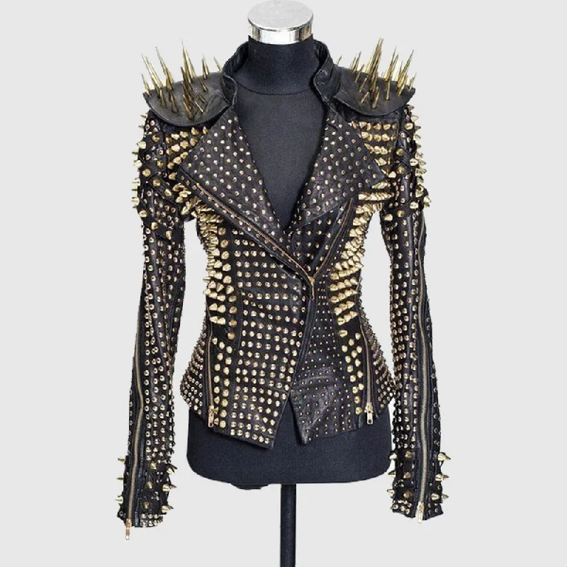 Gold Spiked Punk Style Heavy Metal Real Leather Biker Cocktail Jacket Front Pockets Side Pockets Patch Pockets Gold Spiked Punk Style Heavy Metal Real Leather Biker Cocktail Jacket Front Pockets Side Pockets Patch Pockets