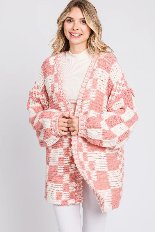 Mauve Checkered Oversized Chunky Knit Cardigan Zippered Front Buttoned Front Snap Front Mauve Checkered Oversized Chunky Knit Cardigan Zippered Front Buttoned Front Snap Front