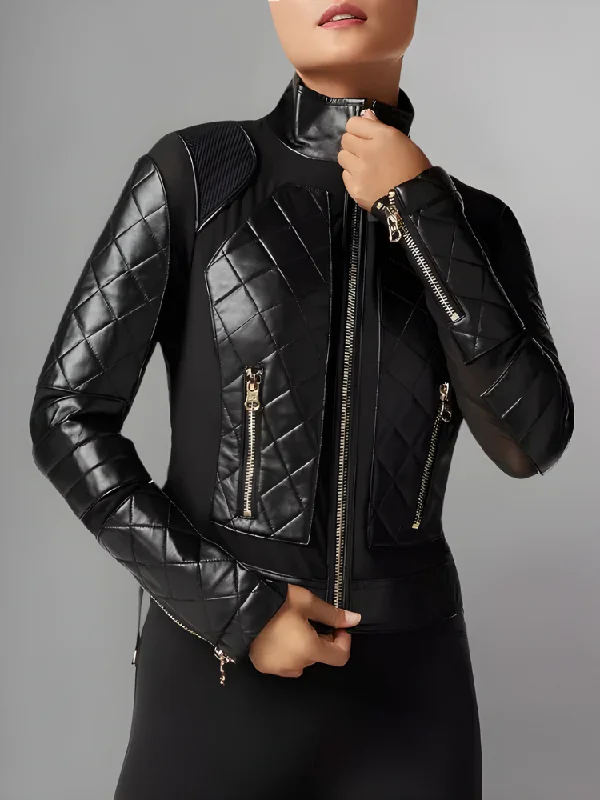 Women's Mesh Leather Moto Jacket V-Neck Jacket Boat Neck Jacket Square Neck Jacket