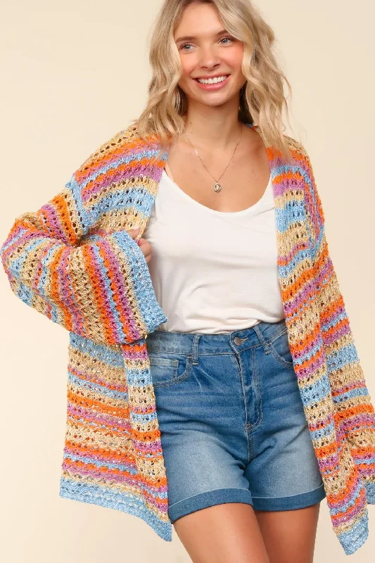 MULTI COLOR STRIPE CROCHET SWEATER CARDIGAN Elegant Classic Vintage