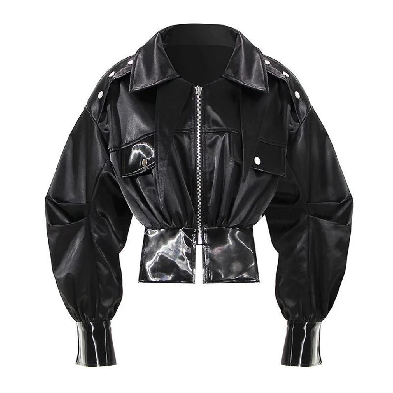 Oversized Long Sleeve Collared Vegan Leather Zip Up Cropped Jacket Stand-Up Collar Roll-Neck Collar Turtle Neck Oversized Long Sleeve Collared Vegan Leather Zip Up Cropped Jacket Stand-Up Collar Roll-Neck Collar Turtle Neck
