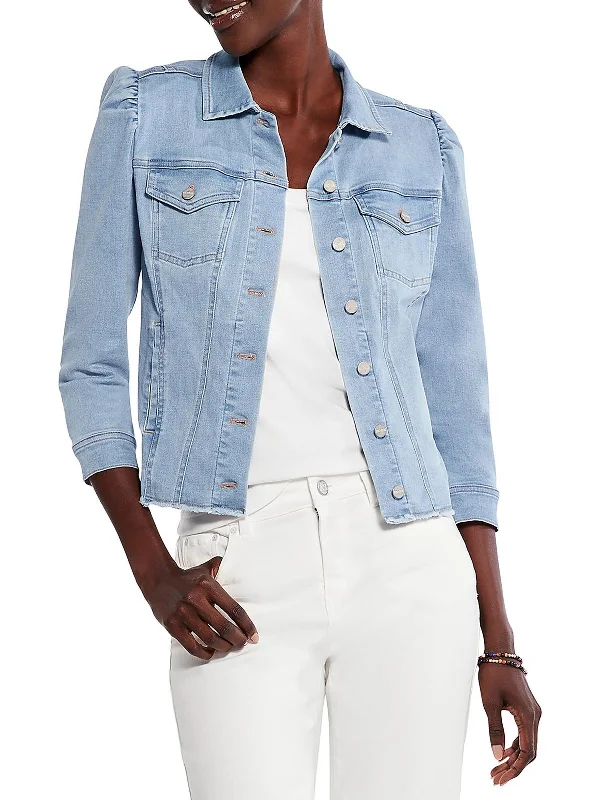Petites Womens Frayed Hem Short Denim Jacket Collared Jacket Crew Neck Jacket Turtle Neck Jacket