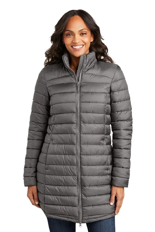 Port Authority Womens Horizon Water Resistant Full Zip Long Puffy Jacket - Deep Smoke Grey Zip Front Button Front Snap Front Port Authority Womens Horizon Water Resistant Full Zip Long Puffy Jacket - Deep Smoke Grey Zip Front Button Front Snap Front