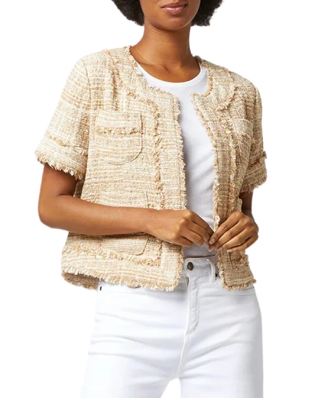 Short Sleeved Kiki Jacket In Raffia Textured Tweed) A-Line Jacket Boat Neck Shawl Collar Short Sleeved Kiki Jacket In Raffia Textured Tweed) A-Line Jacket Boat Neck Shawl Collar