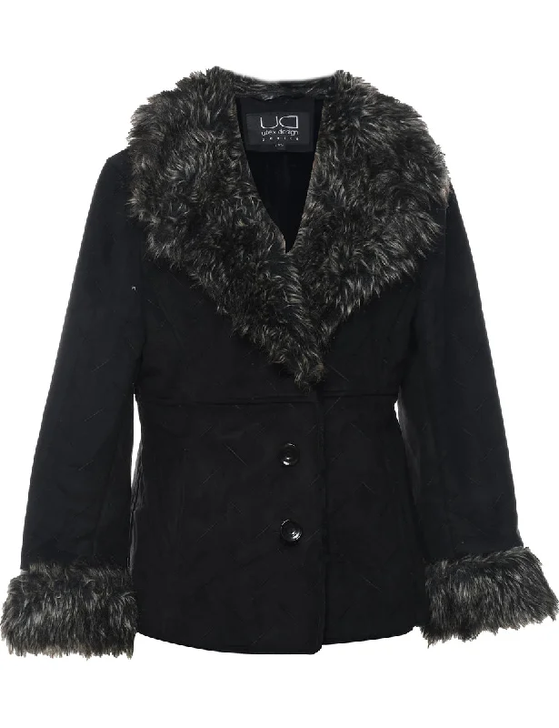 Single Breasted Black Faux Shearling Lined Afghan Jacket - L Anorak Shell Jacket Lightweight Jacket