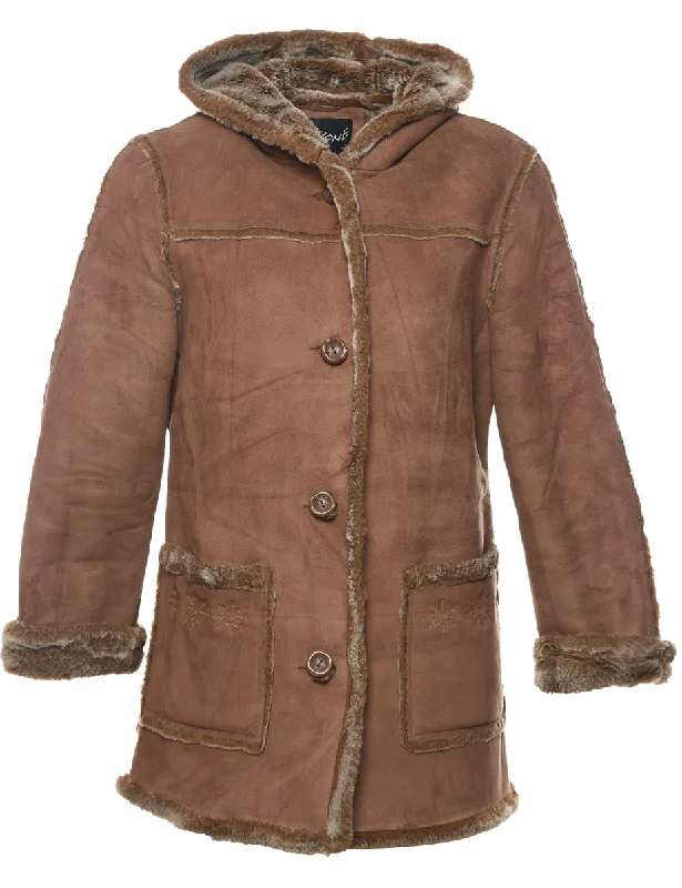 Single Breasted Brown Suede & Faux Shearling Lined Jacket - S Welt Pockets Slit Pockets Flap Pockets Single Breasted Brown Suede & Faux Shearling Lined Jacket - S Welt Pockets Slit Pockets Flap Pockets