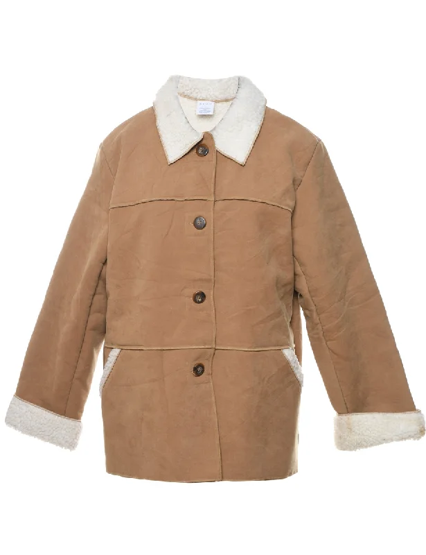 Single Breasted Light Brown & White Contrast Jacket - L Snapped Jacket Toggled Jacket Drawstring Jacket