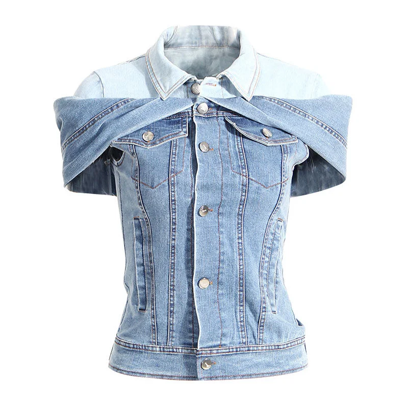 Unique Contrast Collared Button Front Deconstructed Hybrid Denim Jacket Hoodie Zip-Up Jacket Button-Up Jacket Unique Contrast Collared Button Front Deconstructed Hybrid Denim Jacket Hoodie Zip-Up Jacket Button-Up Jacket