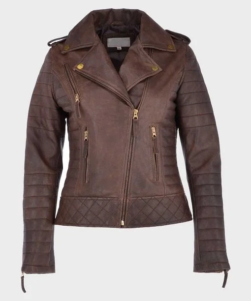 Womens Brown Distressed Biker Leather Jacket Bomber Jacket Anorak Windbreaker