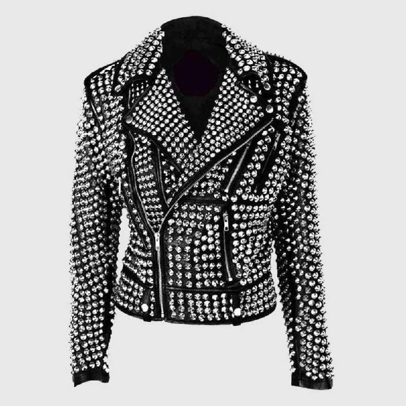 Womens Rock Star All over Silver Studded Cowhide Leather Moto Jacket Insulated Jacket Fitted Jacket Loose Jacket