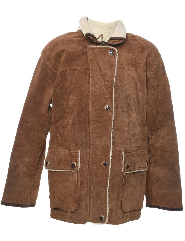 Zip Front Brown Shearling Lined Suede Jacket - M Fleece Fabric Down Fabric Feather Fabric Zip Front Brown Shearling Lined Suede Jacket - M Fleece Fabric Down Fabric Feather Fabric