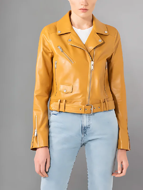 Women's Yellow Moto Leather Jacket Belted Jacket Elasticated Jacket Padded Jacket
