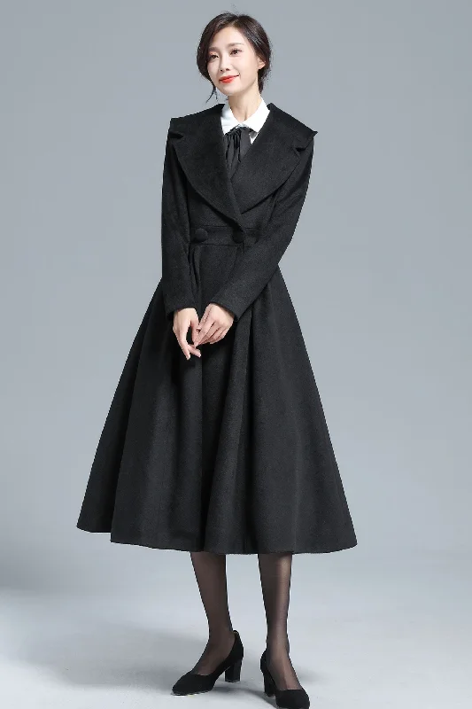 Vintage Inspired Black Long Wool Princess Coat 3130# Elegant Cape Blazer