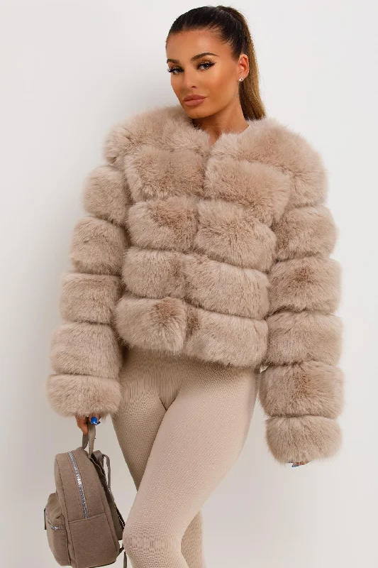 Beige Faux Fur Bubble Coat Cropped Tweed Jacket