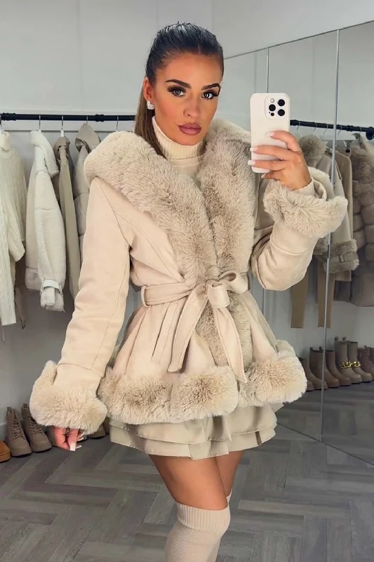 Beige Faux Fur Faux Suede Hooded Belted Coat Cozy Knitted Poncho