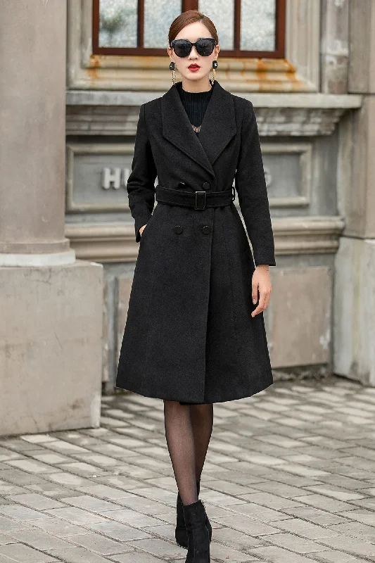 Black Belted Wool Coat Women 3146 Embroidered Kimono Coat