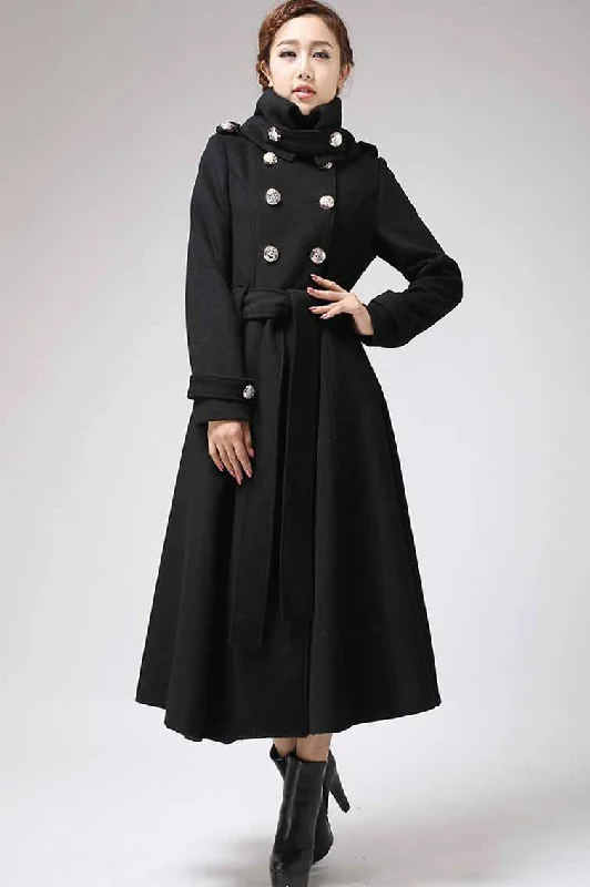 Black coat Cashmere coat Long coat Military Coat 709# Ruched Sleeve Blazer