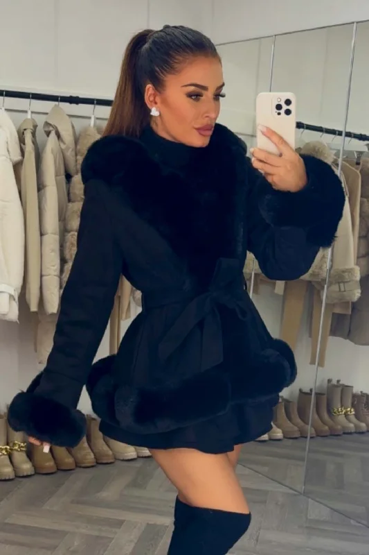 Black Faux Fur Faux Suede Hooded Belted Coat Fur-Trimmed Winter Coat