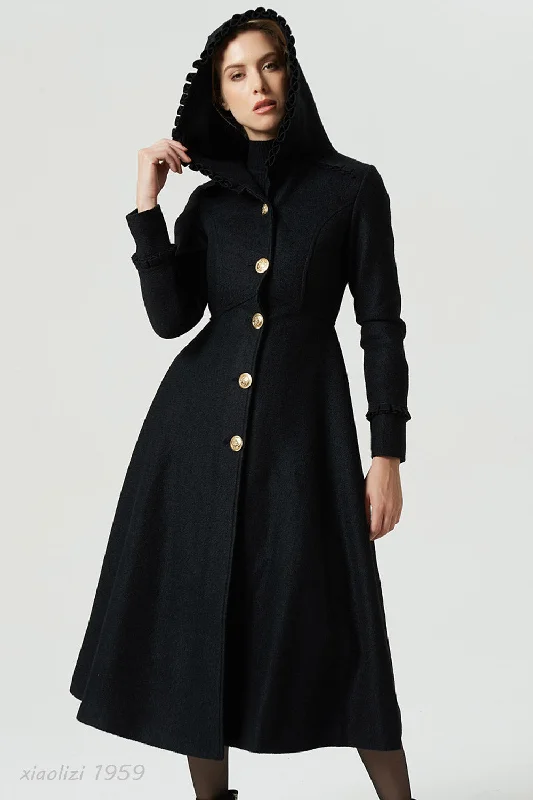 long black hooded coat with ruffle details 1959# Lightweight Windbreaker