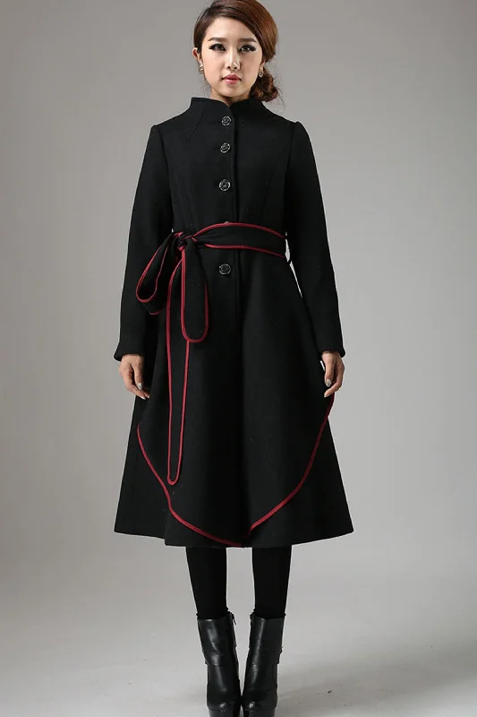 Black Mandarin Collar Coat with Contrasting Piping Detail 0738# Cropped Moto Jacket