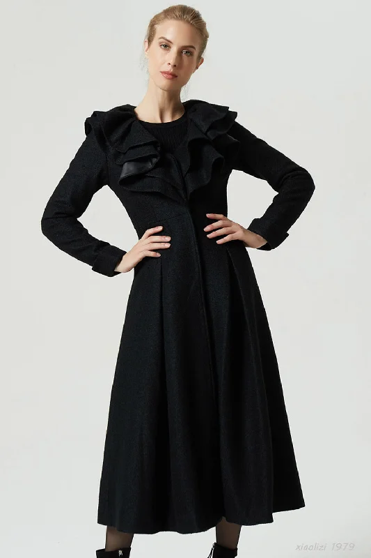 black long ruffle wool coat for women 1979# Elegant Satin Bolero