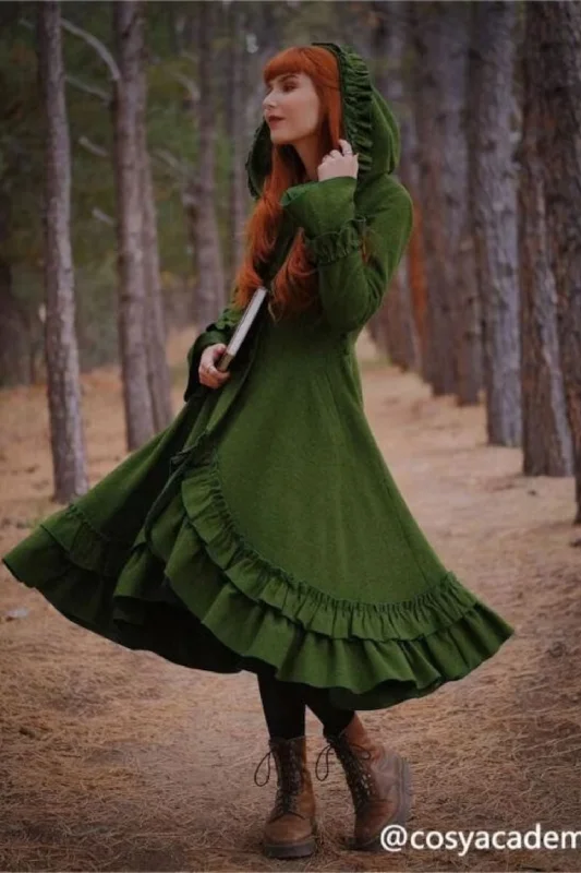 Long Wool Maxi Hooded Coat with Ruffle Hemline 0713# Softshell Outdoor Jacket