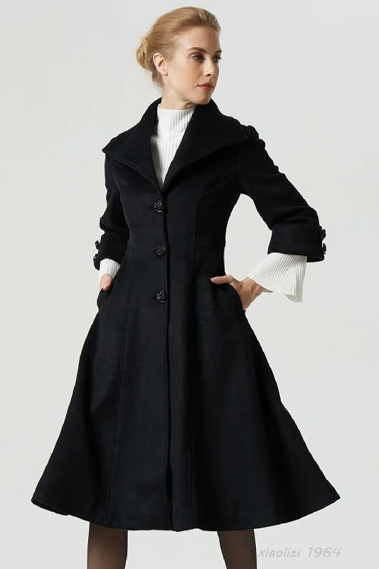 black winter wool coat with lapel collar 1964# Elegant Wool Jacket