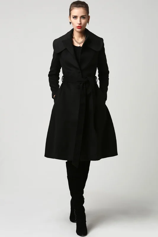 Black wool coat 1103# Puff Sleeve Overcoat